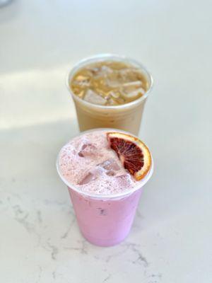 Top: Iced Lavender Latte with Oat milk  Bottom: Iced Blood Orange and Cream