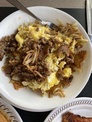 Sausage, egg and hash brown bowl