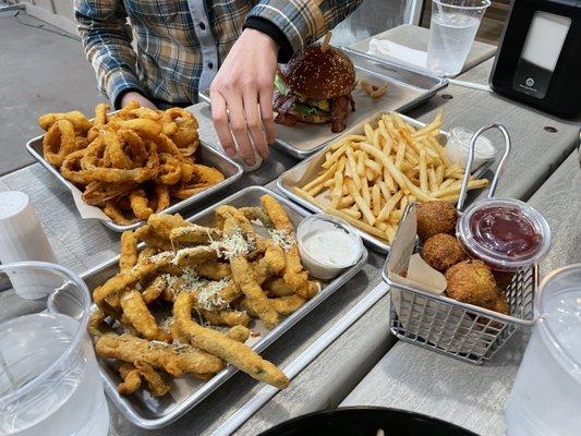 Onion rings, zucchini fries, Mexicana burger, regular fries, hush puppies