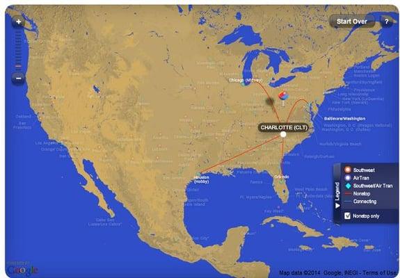 Southwest Airlines - Direct routes from CLT: HOU, MCO, MDW and BWI.