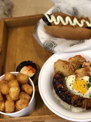 Kalbi dog, tots, sweet & spicy chicken bowl