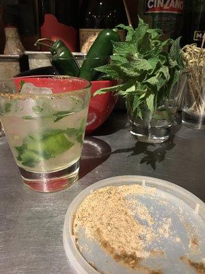 Marjito w/fresh cilantro, lime juice , toasted cumin & Red Sea salt rim