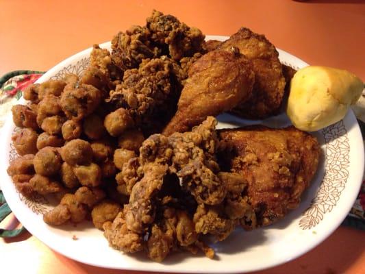 Fried okra/ Fried liver/ Fried Gizzard/ and Fried chicken - Southern Heaven!  Burp!