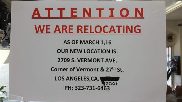 New location, effective March 1st, 2016.