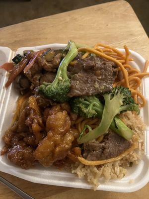 3-item combo with half chow mean, half "stir fried " rice, orange chicken, beef and broccoli and mushroom chicken