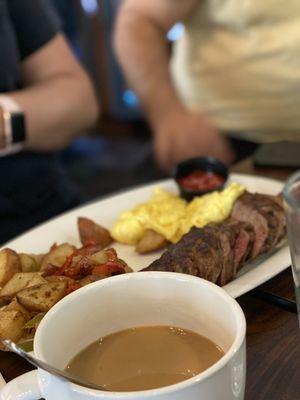 Coffee and Tri tip and eggs with home style potatoes