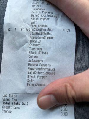 Receipt clearly stating I paid for rotisserie chicken and pepperoni.