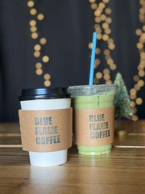 Seasonal winter coffee brew and matcha latte