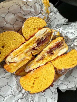 Bacon egg and cheese. French toast bagel. Toasted with salted pepper ketchup.