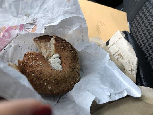 Order a toasted bagel and they serve this. Burnt/Disgusting. DD can do better than this. Terrible!