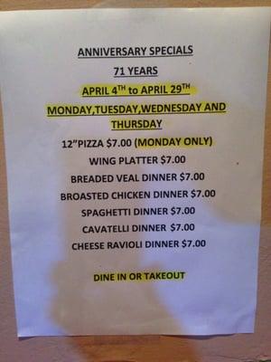 April 2016 75th anniversary menu specials