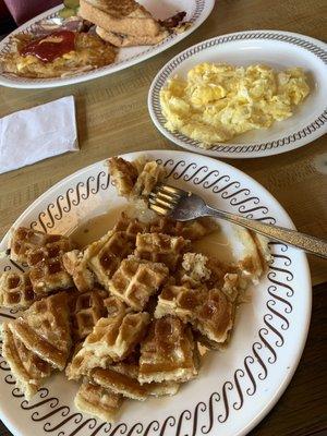 Waffle and scrambled eggs.