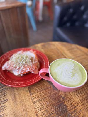 1/2 salmon toast without capers  Vanilla Matcha with Oat milk