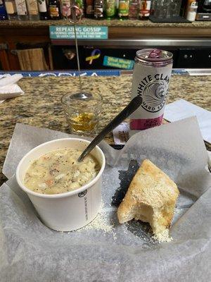 Bomb ass clam chowder with piece of bomb ass bread, shot of whiskey and white claw. Breakfast of champions!