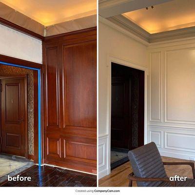 Spraying fine wood work in Manhattan penthouse. Before/after