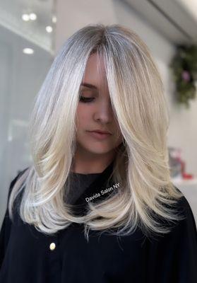 To achieve this look we did blonde Air Touch Balayage with root shadow k18 treatment haircut and style!