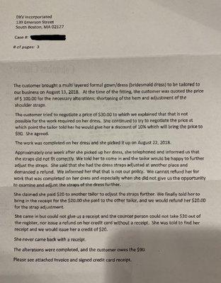 Letter from the owner in the credit card dispute