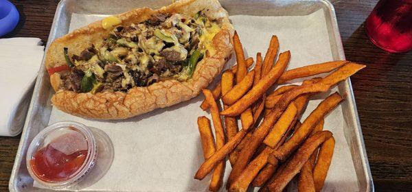 Philly cheesesteak with Sweet potato fries