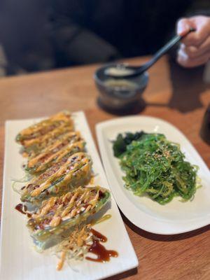 Heart Attack and Seaweed Salad. Free miso soup in the back