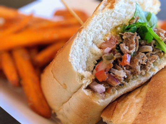 The Steak and steak sandwich with sweet potato fries