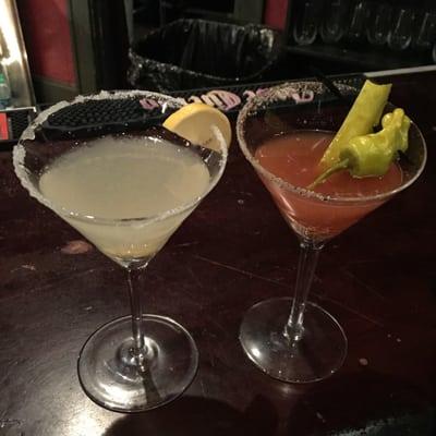 Shown here is a lemon drop and a pickle martini. I highly suggest both!