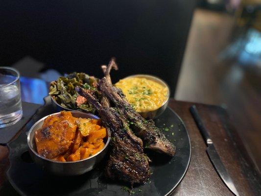 Blackended Caribbean Jerk Lamb Chops, yams, greens, and Mac & Cheese