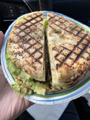 Breakfast bagel. Sausage, egg, cheese & avocado:)