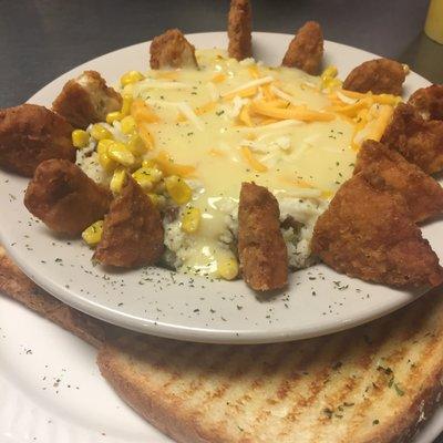 Central's creation the Country Chicken Bowl. Mashed potatoes, corn, gravy and corn mixed together and don't forget the crispy chicken