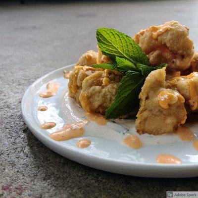 Fungi Fritti: Memphis Made beer-battered lion's mane mushrooms from Bluff City Fungi with spicy mint yogurt & hot cherry pepper aioli.