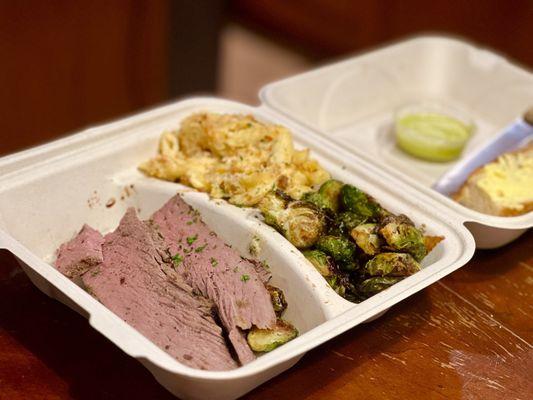 Grandma's Mac & Cheese (v) Roasted Brussels Sprouts (gf) (ve)  Chimichurri Tri-Tip Plate (gf)