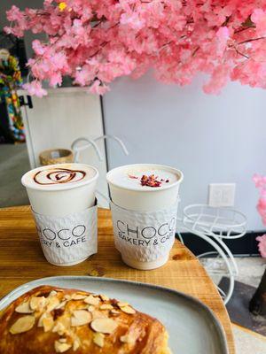 Rose Latte, Cafe Mocha & Almond Croissant