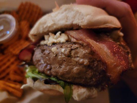 Bleu Cheese and Bacon Jam Burger with Sweet Potato Fries - Quite a hefty burger!