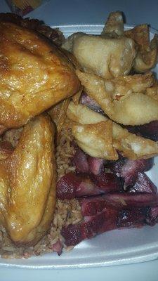 Wings, crab Rangoon, boneless spareribs and pork fried rice combo