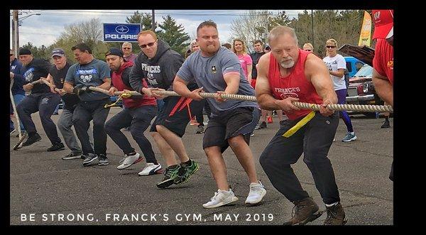 Team Franck's Gym pulling 150,000 lb cement truck.  + or - a few lbs.