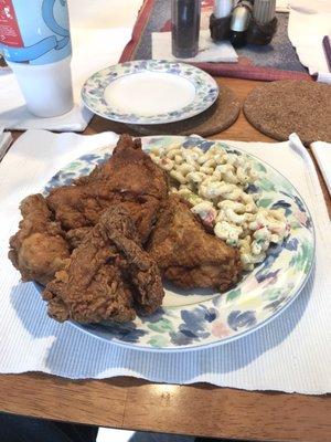 3/21/23 A plate full of Hen House fried chicken and macaroni salad. Excellent!