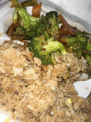 Beef and broccoli fried rice garlic, jalapeño wings