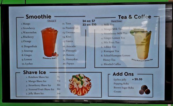 The drink & shave ice menu as of June 23, 2023