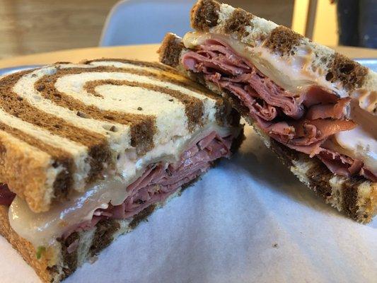 Hot Pastrami sandwich on toasted marble rye with an awesome Russian dressing!