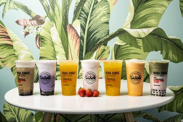 Line up of delicious drinks from Boba Junkie