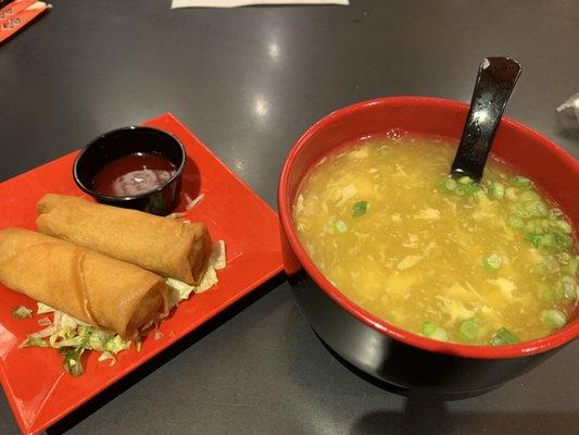 Egg rolls (complimentary) and egg drop soup.