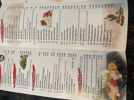 Appetizers and sushi menu