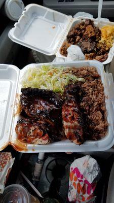 Small jerk chicken w/sauce, rice&beans, cabbage(slaw)