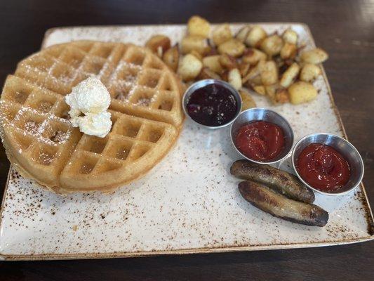 Belgian Waffle, Fresh Seasoned Potatoes, Pork Sausage