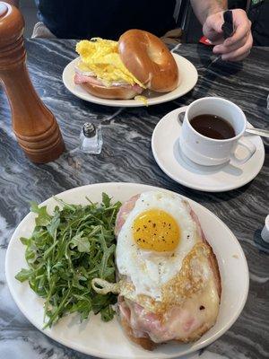 Croque madame & ham and Brie bagel