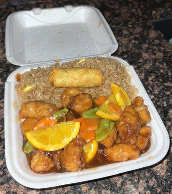 Orange Chicken with Egg Roll and Fried Rice