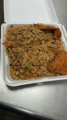 Shrimp&chicken fried rice, with two wings.