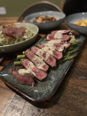 New York Strip with Asparagus and Polenta.