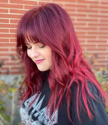 Stylist Lindsey with red Aveda Vibrant color
 #avedacolor #avedaindy #avedared #indysalon #carmelsalon