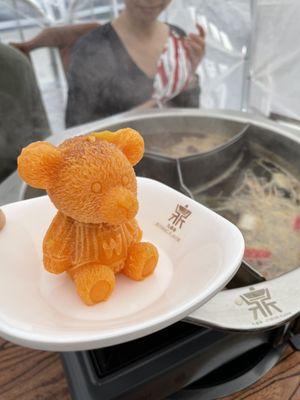 Teddy bear comes only spicy and old hot pot.