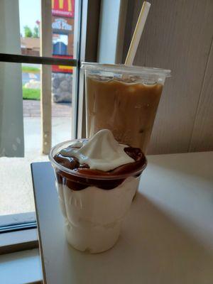 Caramel sundae and iced coffee